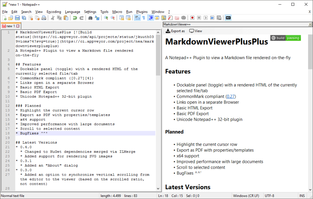 Notepad++ markdown viewer plugin interface showing features list with HTML export and rendering capabilities