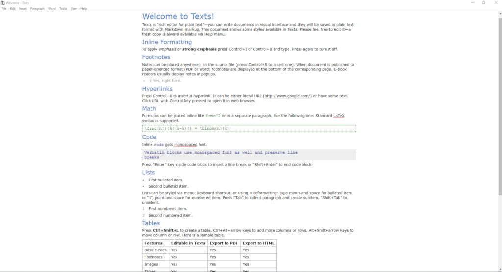 Texts plain text editor welcome screen demonstrating markdown formatting, hyperlinks, math formulas, and tables