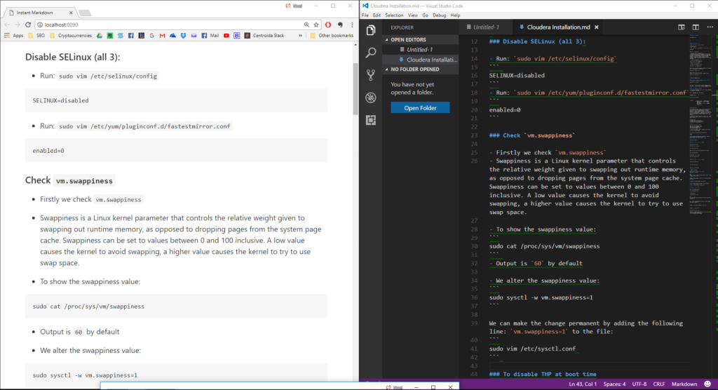 VS Code editor split-screen showing Linux configuration terminal commands for disabling SELinux and checking swap memory settings