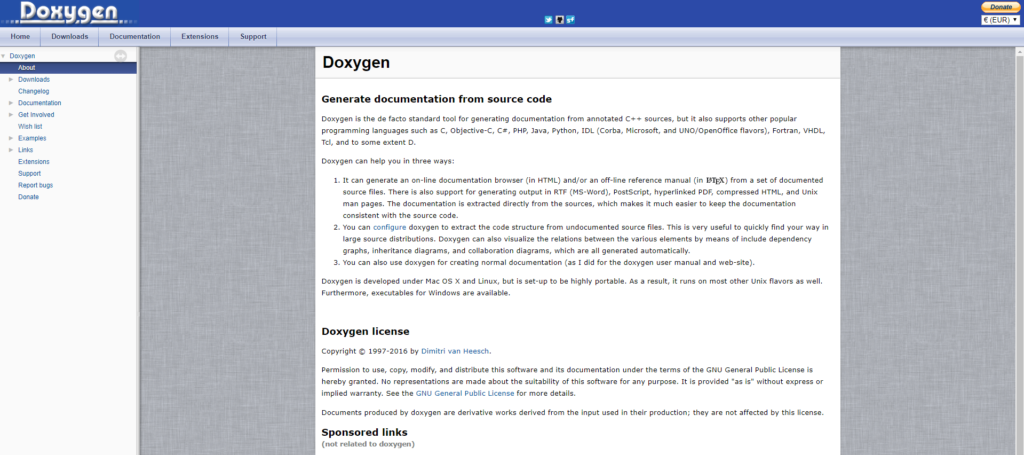 Doxygen website homepage showing documentation generation tool interface with navigation menu and description of source code documentation features