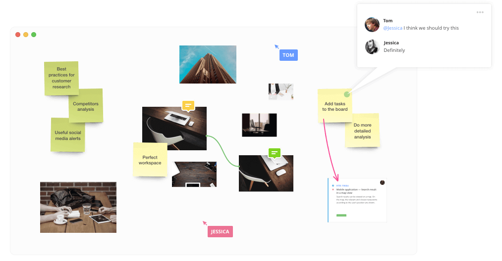 Realtime Board collaboration interface with sticky notes, workspace images, and task cards for customer research planning