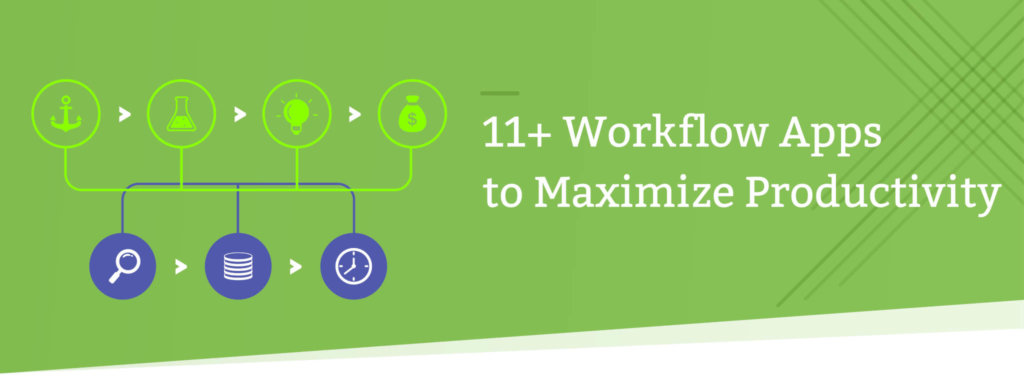 Green banner with workflow icons and text 11+ Workflow Apps to Maximize Productivity