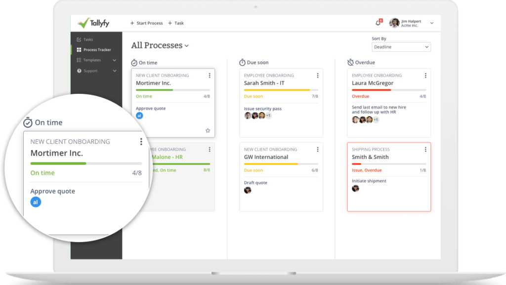 Tallyfy process tracker interface showing client onboarding tasks organized by status: on time, due soon, overdue