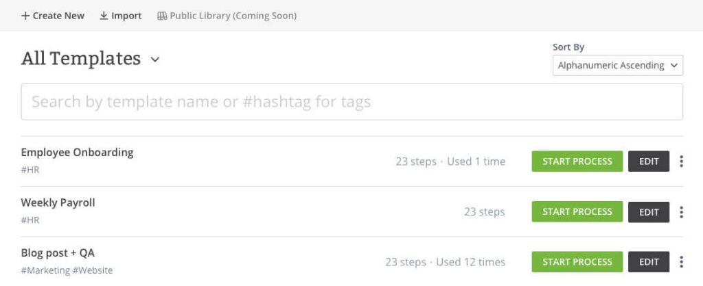 Template library interface showing Employee Onboarding, Weekly Payroll, and Blog post QA templates with start process buttons