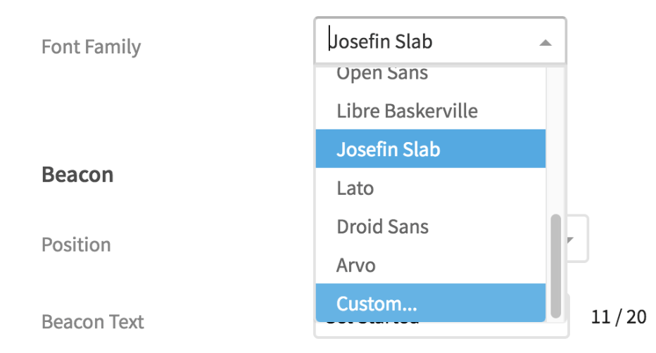 Font family dropdown menu with Josefin Slab selected among typography options
