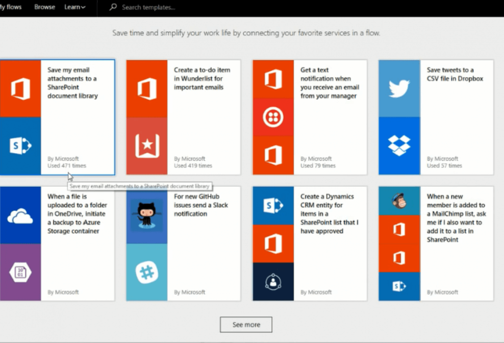 Microsoft Flow templates gallery showing automation options for email, OneDrive, SharePoint, and various integrations