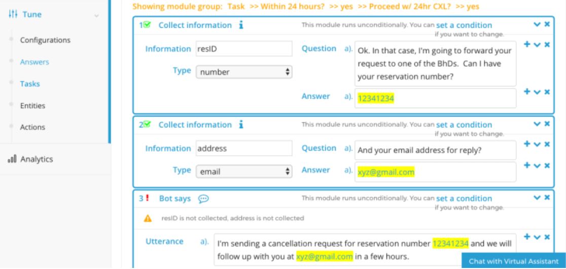 Chatbot configuration interface showing conversation flow with reservation number and email collection modules with yellow highlighted responses