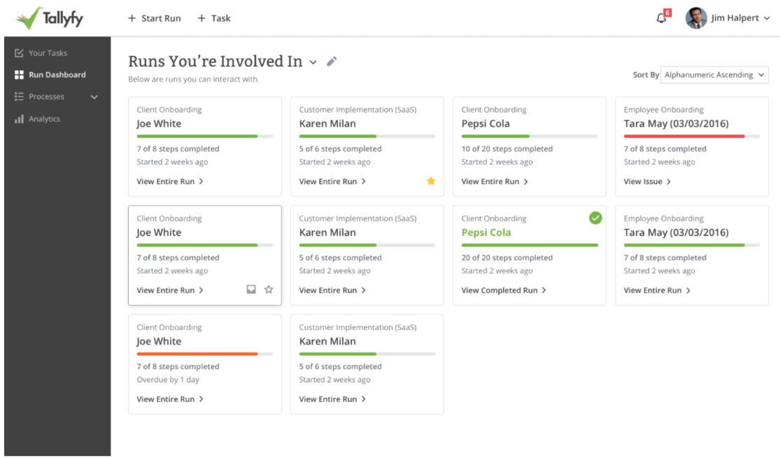 Tallyfy runs dashboard showing client and employee onboarding processes with progress tracking