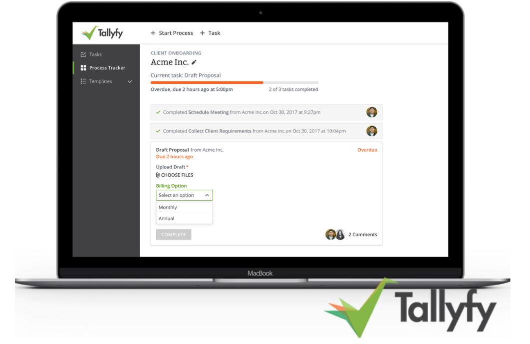 Tallyfy client onboarding dashboard on MacBook showing Acme Inc process with overdue draft proposal task and billing options