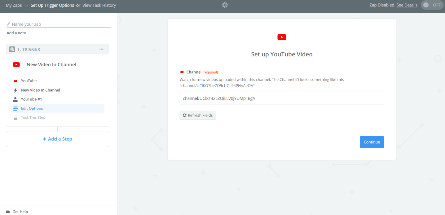 Zapier YouTube trigger setup showing configuration for new video in channel with search field and options