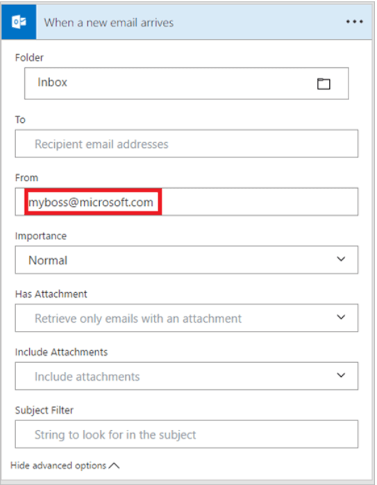 Microsoft Outlook email filter configuration showing folder, recipient, sender and attachment options with highlighted sender field