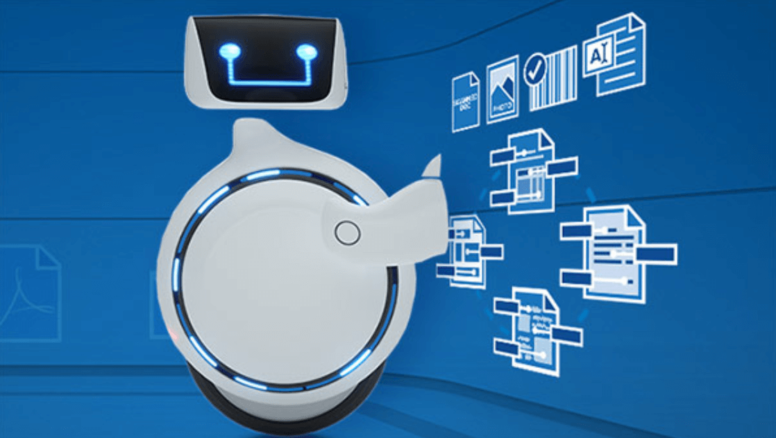 Illustration of friendly robot processing documents with barcode and file icons on blue background