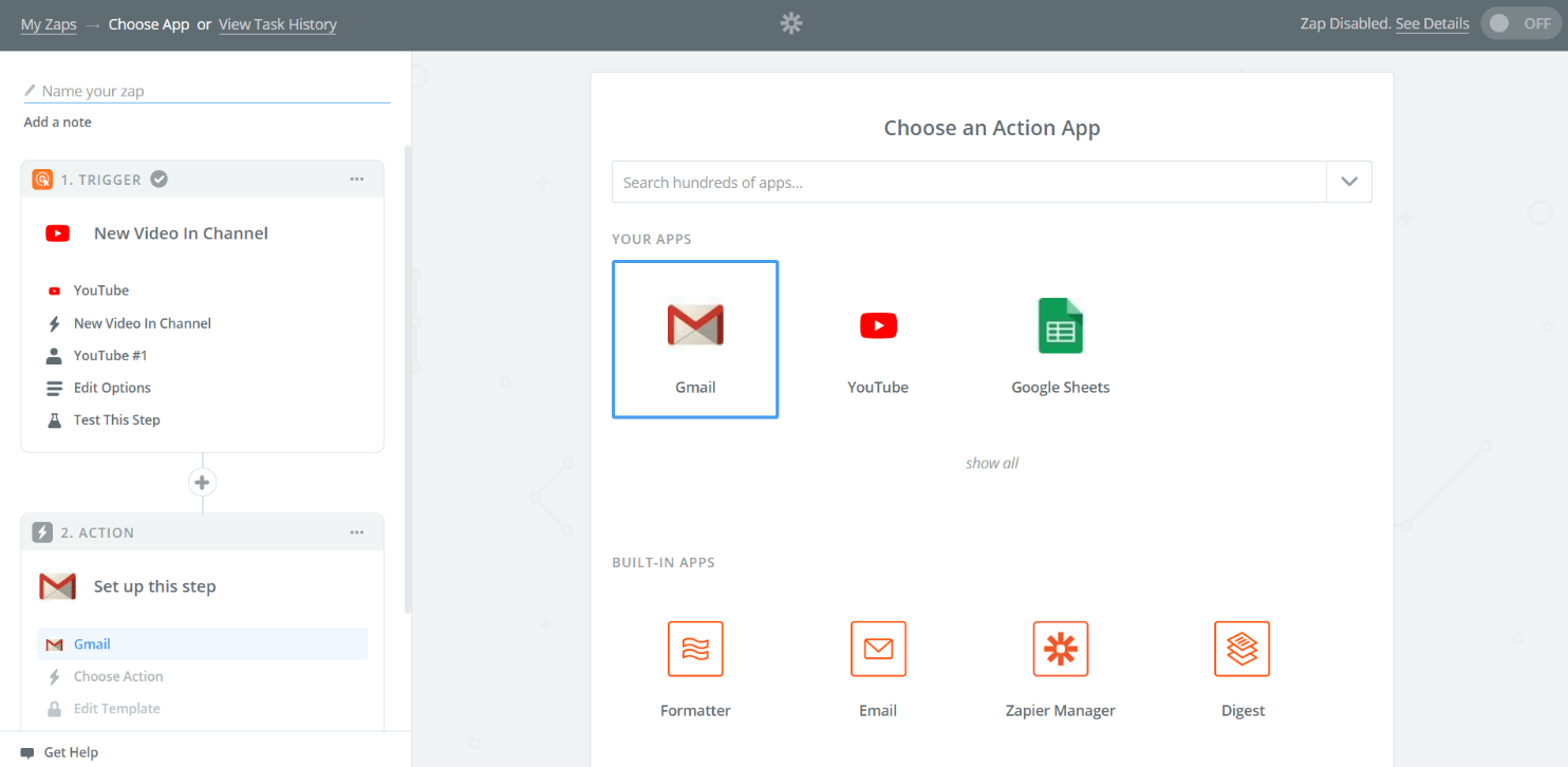 Zapier workflow builder showing trigger, filter, and action steps with Gmail integration and conditional logic