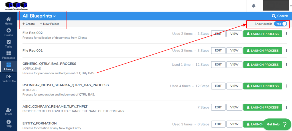 Accurate Taxation blueprint library showing file requests and quarterly BAS processes with show details toggle