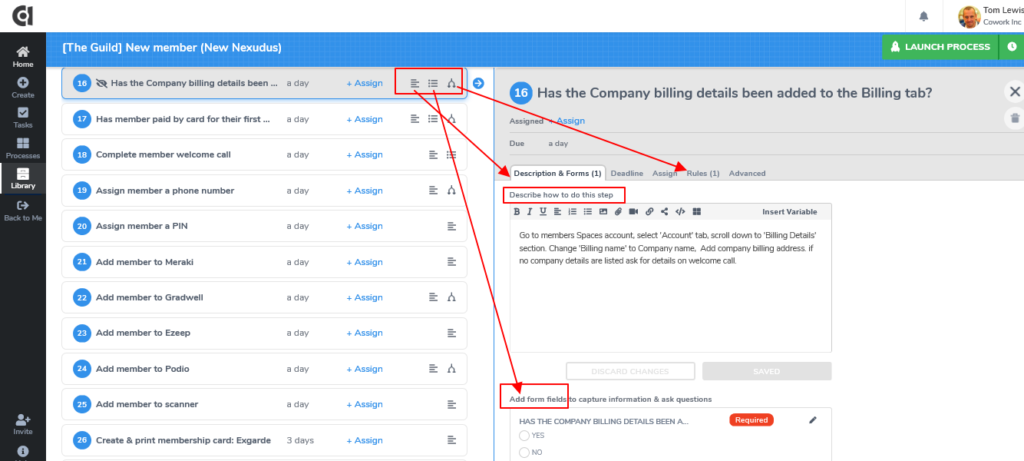 Tallyfy process showing Guild new member onboarding with task assignments and form fields for billing details collection