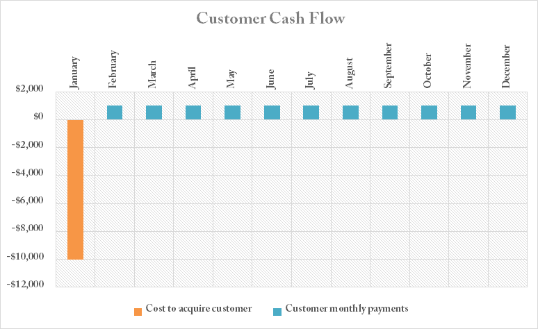 Customer cash flow chart showing cost to acquire customer vs monthly payments over 12 months with negative initial investment