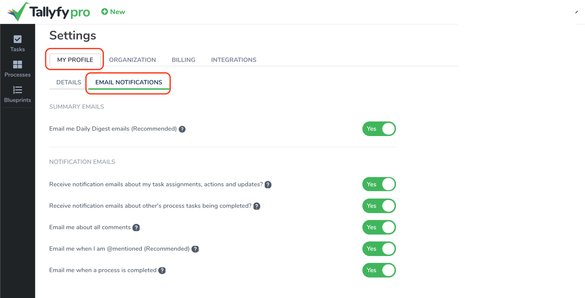 Tallyfy email notification settings screen showing toggles for daily digest, task assignments, and process completion alerts