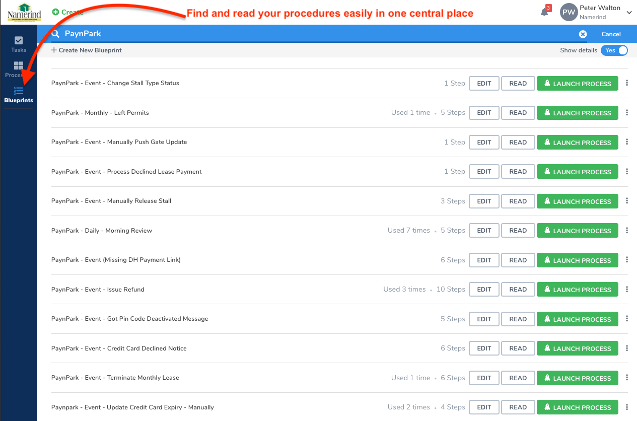 Tallyfy blueprints interface showing PaynPark procedures list with search functionality and centralized access to multiple event-based processes