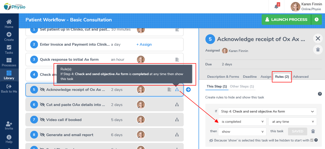 Online Physio workflow interface showing patient consultation process with rules and conditional logic highlighted