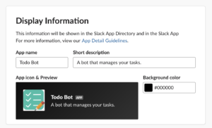 Slack app directory display information showing Todo Bot app icon, name, and background color settings