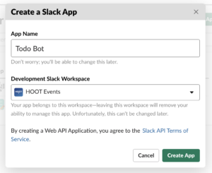 Slack app creation dialog showing Todo Bot name and HOOT Events workspace selection