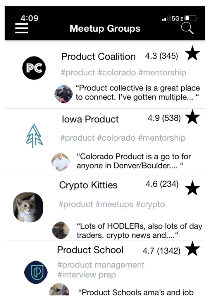 Meetup Groups mobile app showing Product Coalition, Iowa Product, Crypto Kitties, and Product School with ratings