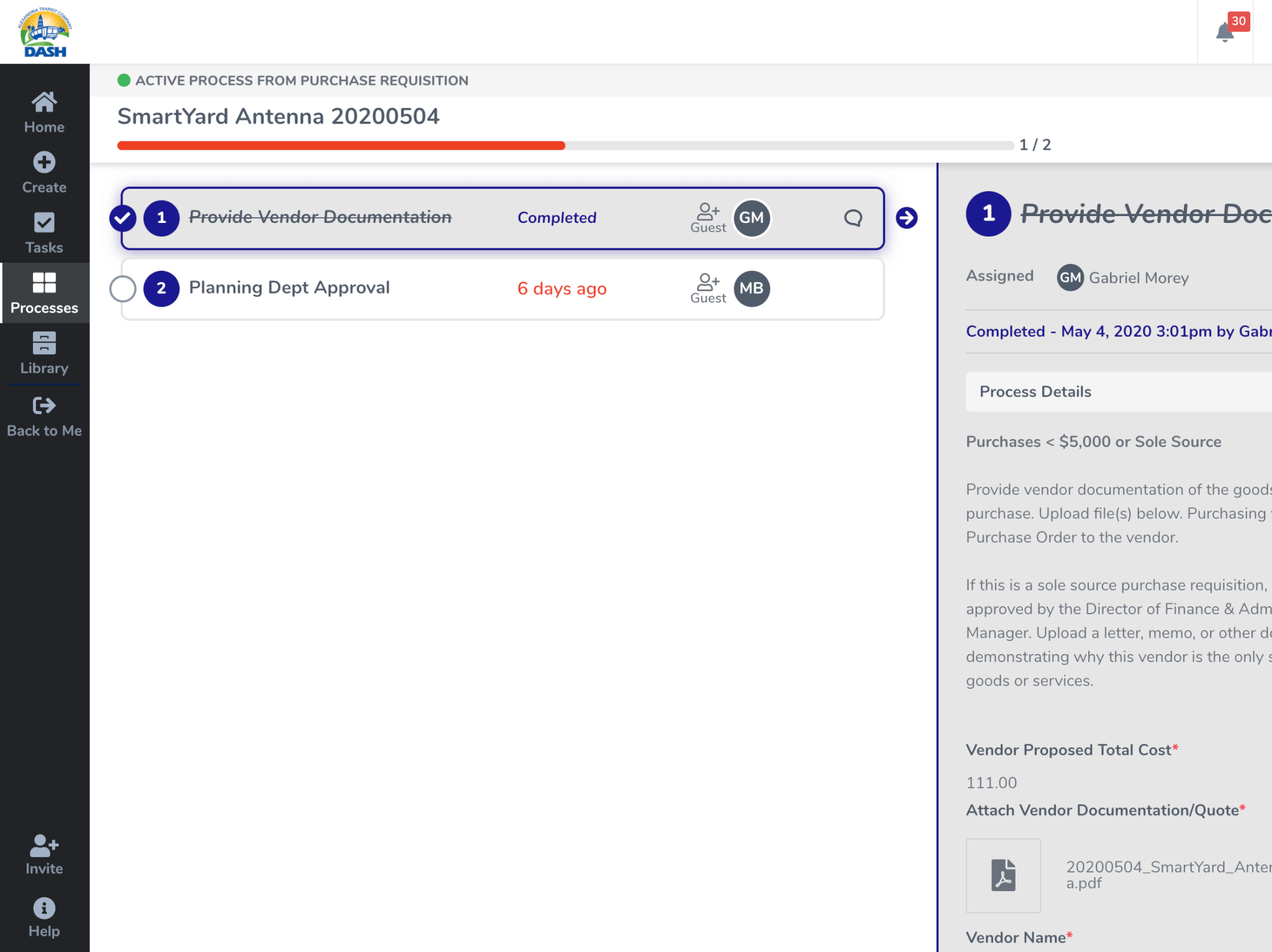 Tallyfy process tracker showing purchase requisition workflow with completed and pending approval steps