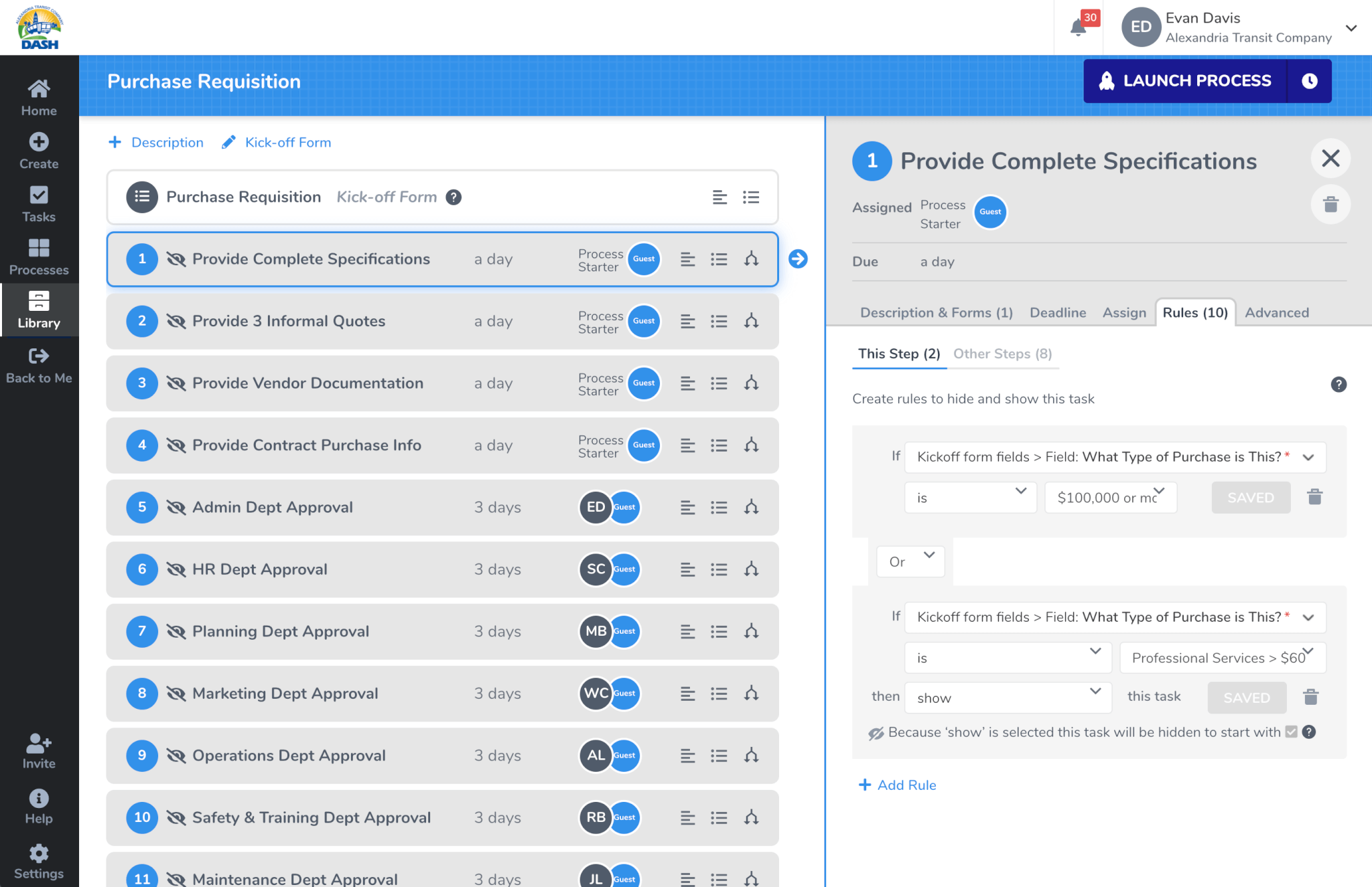 Tallyfy purchase requisition workflow with multi-department approval steps and conditional logic based on purchase amount