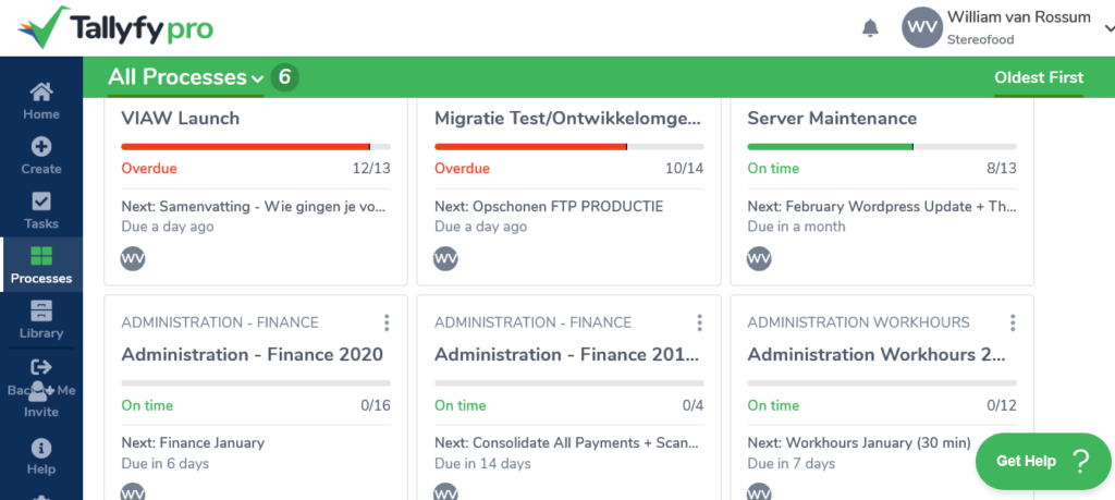 Tallyfy Pro dashboard showing multiple active processes including overdue VIAW Launch and migration tasks with progress indicators