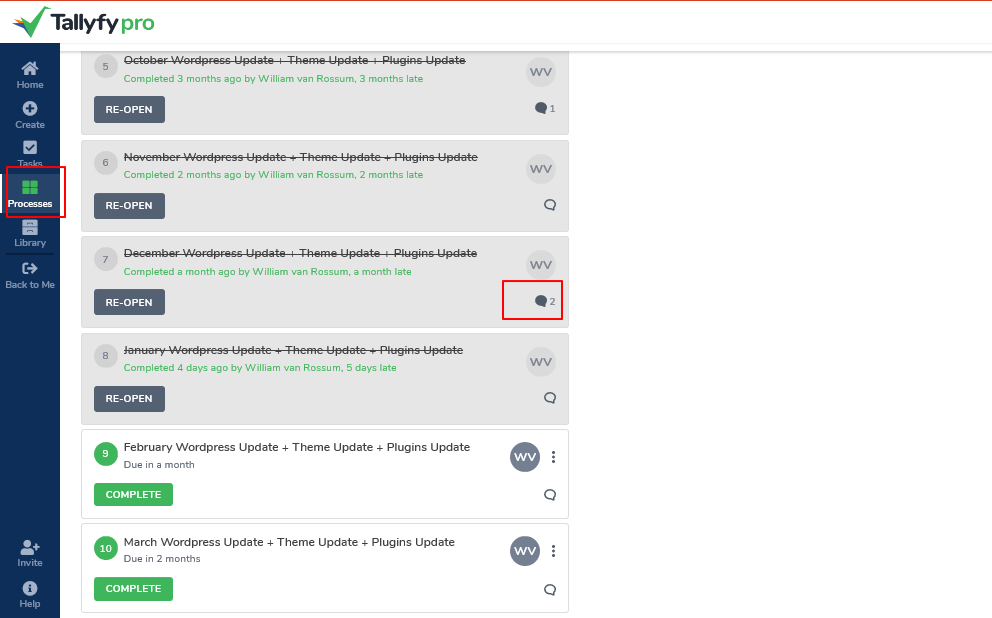 Tallyfy processes interface showing WordPress update tasks with completion status and re-open buttons