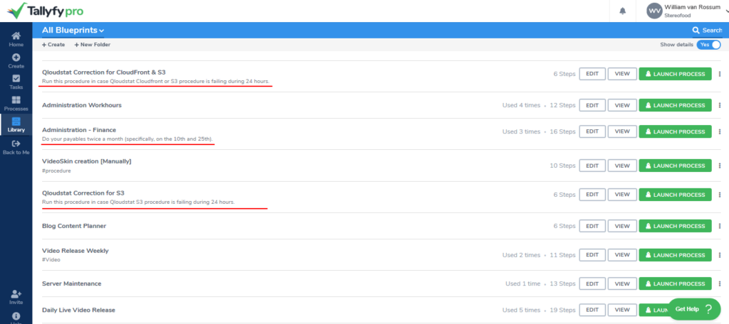 Tallyfy blueprints list showing CloudFront correction, administration tasks, video creation, and content planning workflows