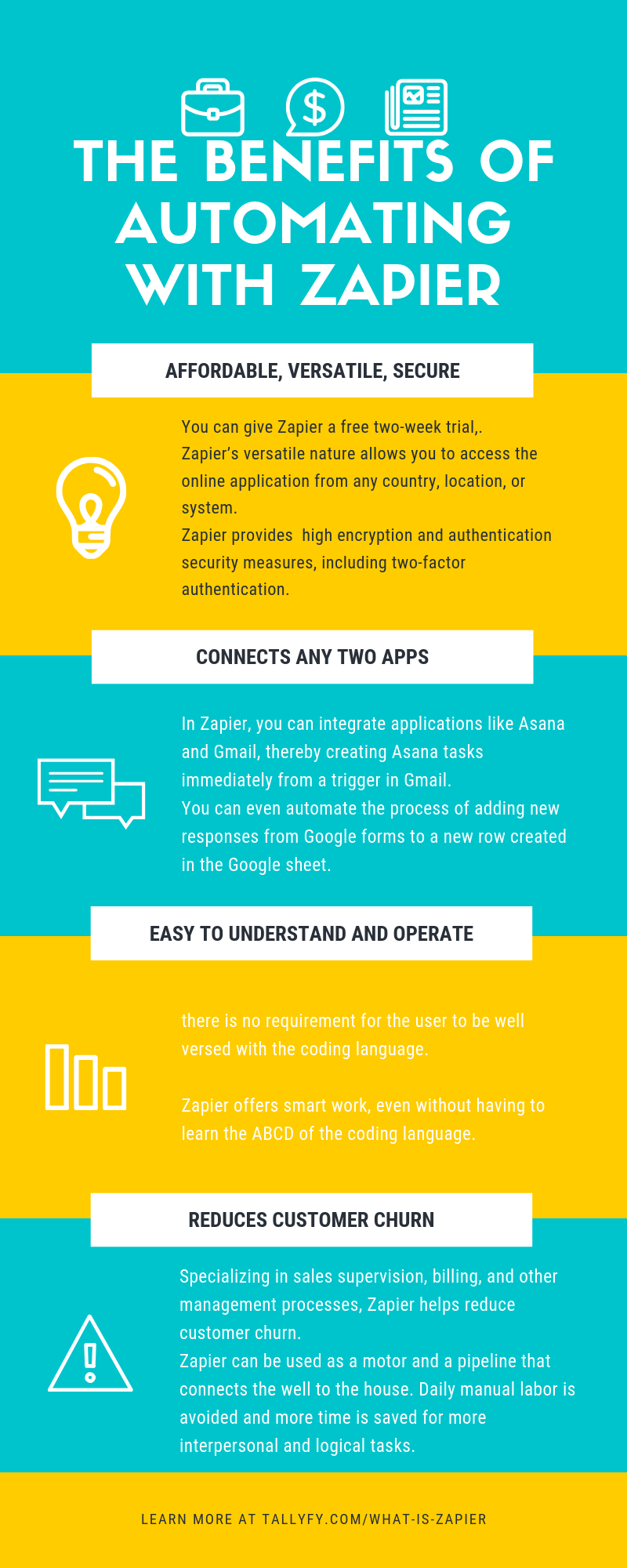 Infographic listing Zapier benefits: affordable, versatile, secure, connects apps, easy to use, reduces churn
