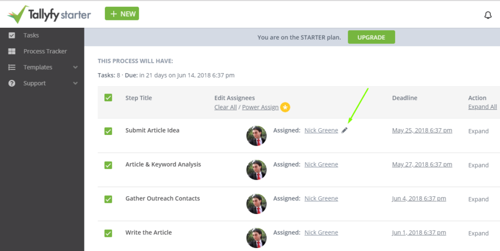 Tallyfy task assignment screen showing workflow steps with assignees, deadlines, and Power Assign feature