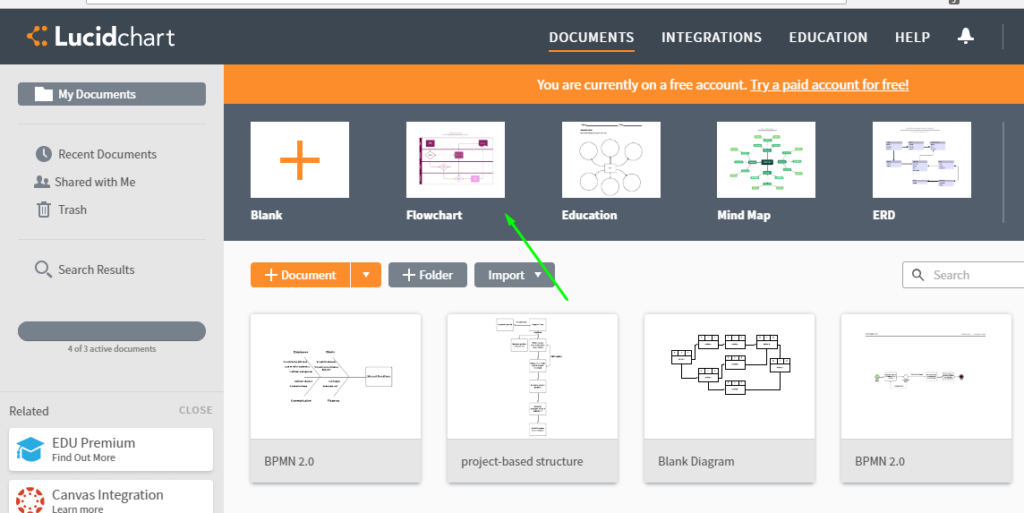 Lucidchart dashboard displaying document templates including blank, flowchart, education, mind map, ERD, and BPMN diagram options