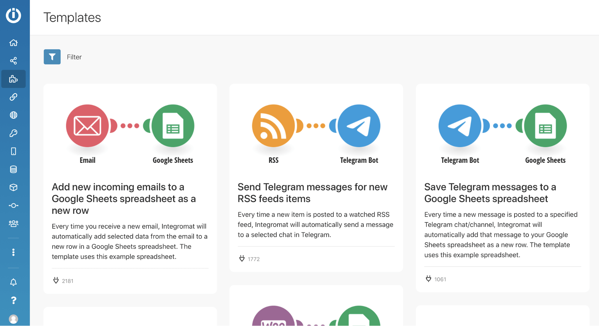 Integromat automation templates showing Email to Google Sheets, RSS to Telegram, and Telegram to Sheets workflows