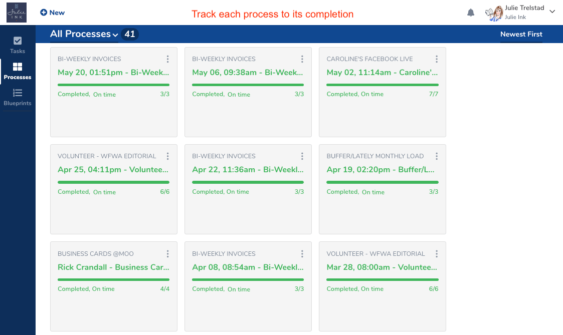 Tallyfy process tracker for Julie Ink showing 41 completed processes including invoices, editorial, and business cards