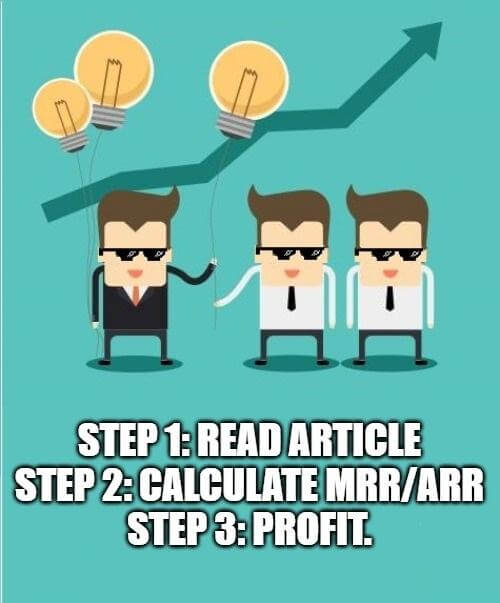 Humorous meme showing three business people with text about reading article, calculating MRR/ARR, profit