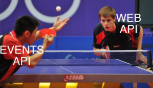 Table tennis match with players competing and API labels: Events API and Web API