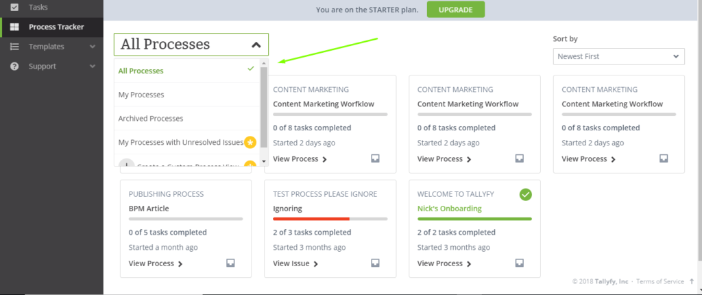 Tallyfy Process Tracker showing all processes filter with content marketing, BPM article, and onboarding workflows
