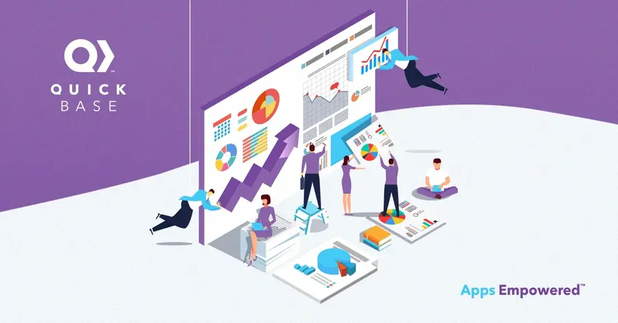 QuickBase Apps Empowered banner showing isometric illustration of team collaborating with analytics dashboards and charts