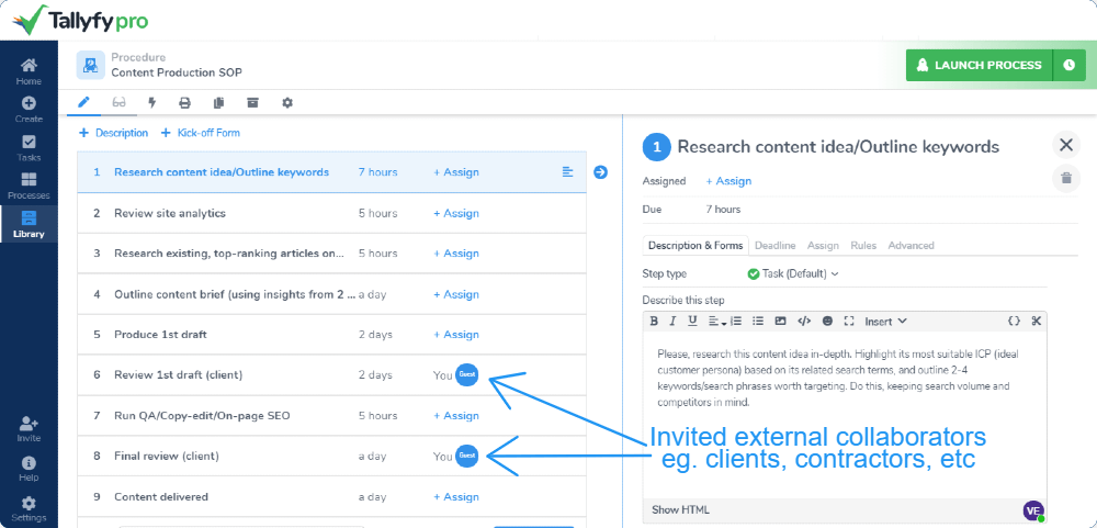 Tallyfy content production SOP showing workflow steps with task assignments and external collaborator annotations