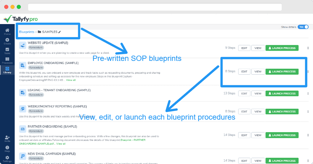 Tallyfy blueprint library samples folder showing pre-written SOP blueprints for website update, employee onboarding, and reporting