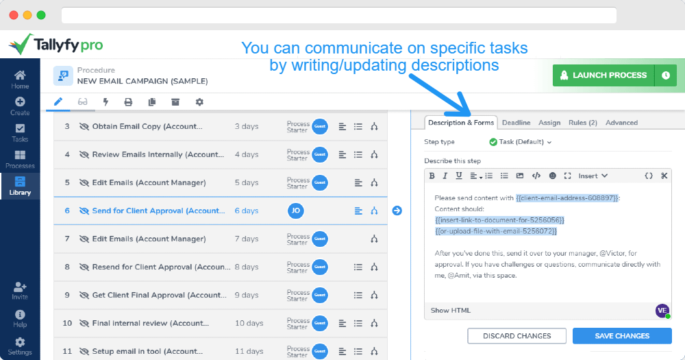 Tallyfy Pro email campaign workflow interface showing task list with descriptions and team communication instructions