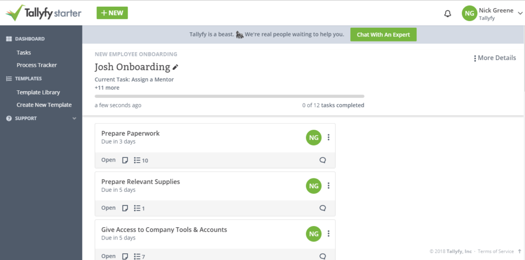 Tallyfy Starter interface showing employee onboarding process with tasks assigned to Process Starter